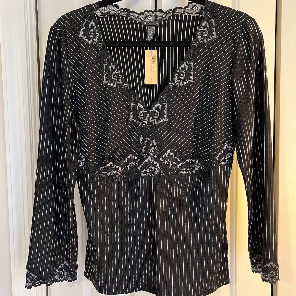 Soma Travelers Ticking Stripe 3/4 Sleeve DeniceBlack Top Size M NWT